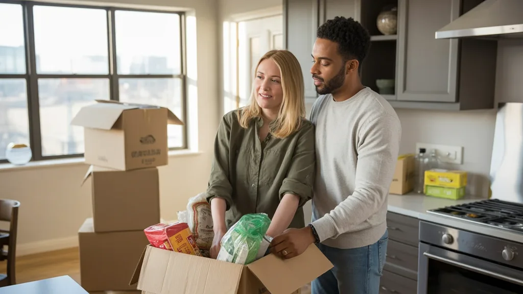 Couple unpacks groceries in the kitchen of their new upscale Nashville apartment.