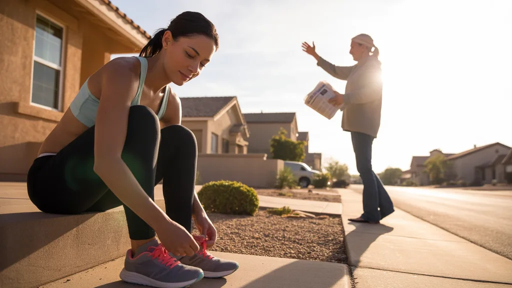 Woman tying running shoes on front steps of Maricopa home at sunrise