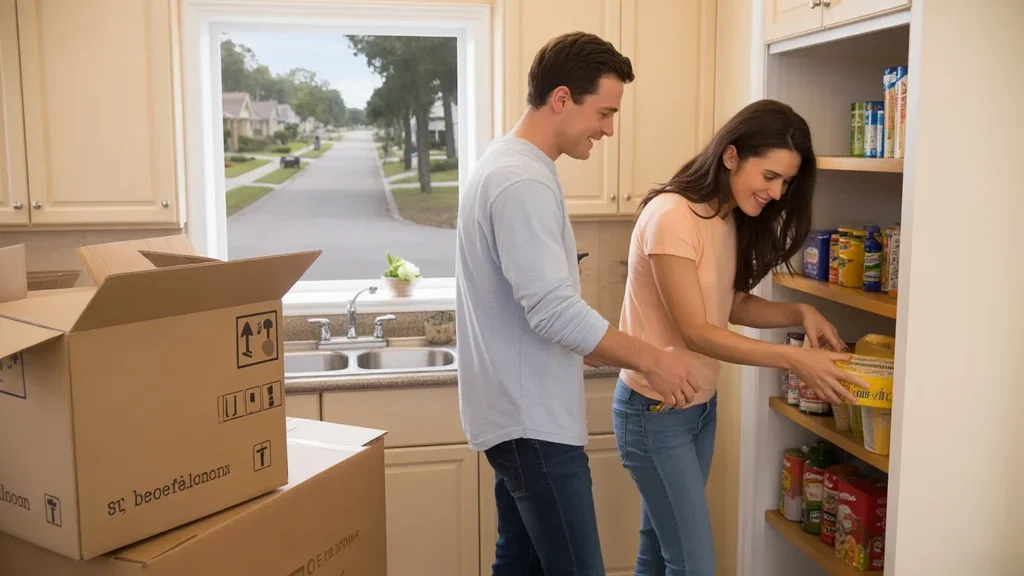 Couple unpacks groceries in kitchen of new Clermont FL home