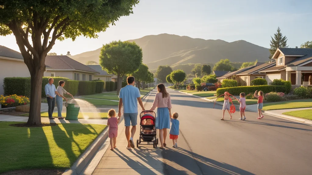 A young family walks along a suburban street in Chino Hills, CA at sunset, exchanging friendly greetings with neighbors.