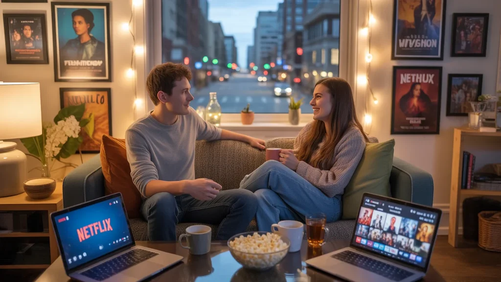 Two roommates relax in their cozy Evanston apartment living room, ready to stream movies surrounded by warm lighting and personal decor.