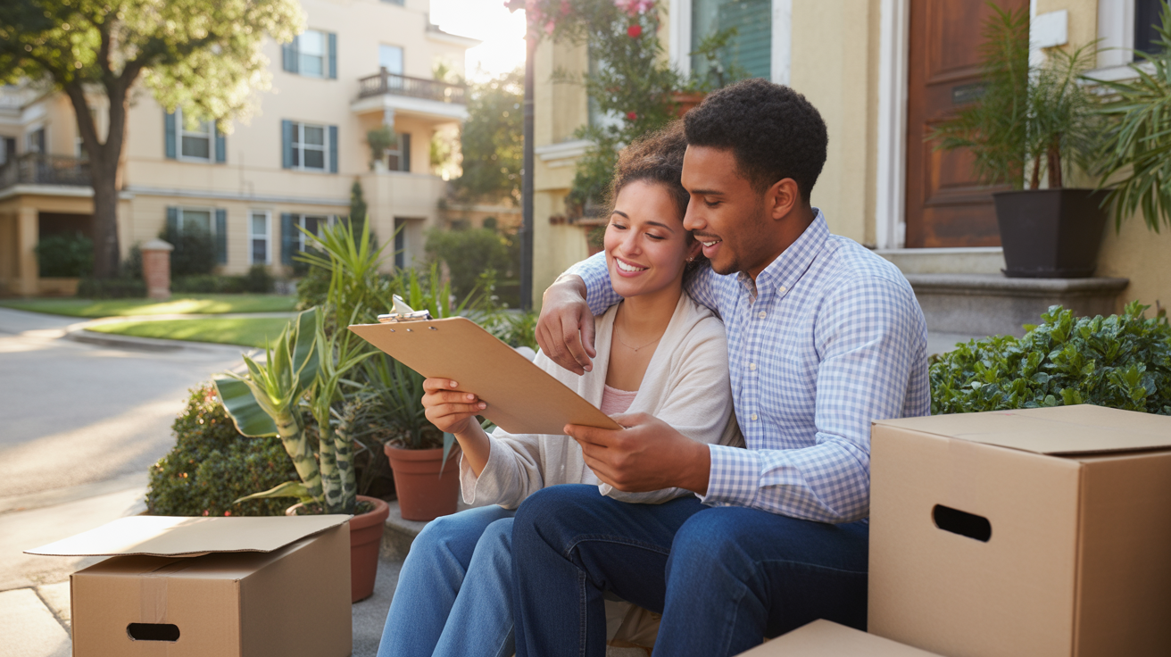 Couple reviewing paperwork while moving into new house in Winter Park, with apartment building in background