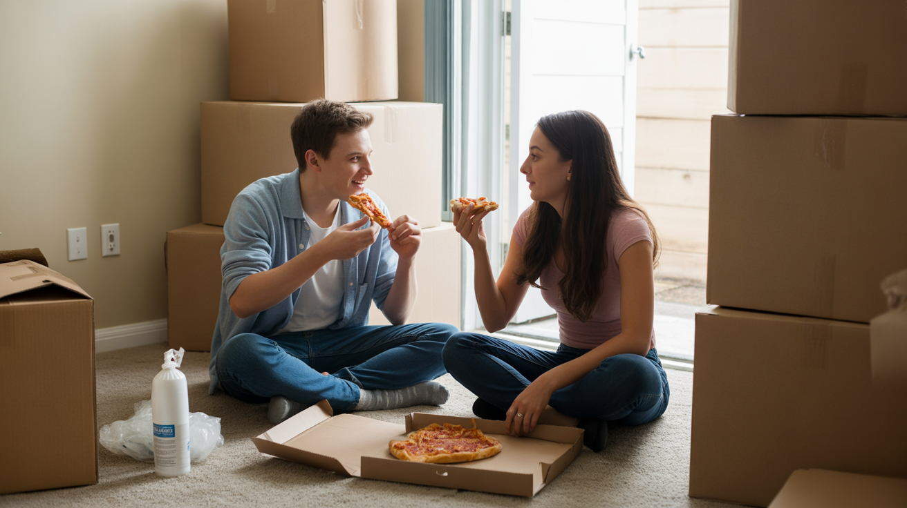 Couple eating takeout in their new Murfreesboro apartment surrounded by moving boxes