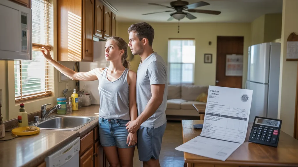 Couple debating whether to turn on air conditioning in their Pflugerville kitchen on a hot summer day