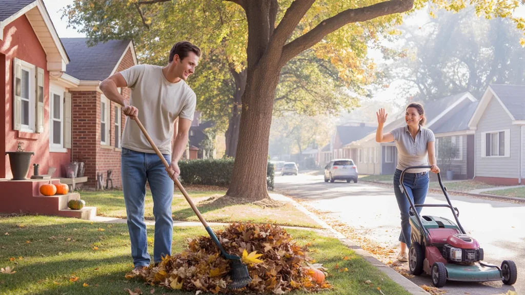 A man rakes leaves in front of his Oklahoma City duplex while a neighbor mows her lawn across the street on a pleasant fall afternoon.