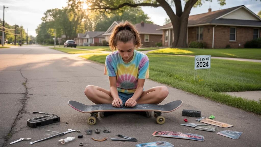 Teenage girl sitting on driveway fixing skateboard in suburban Midwest City neighborhood at sunset