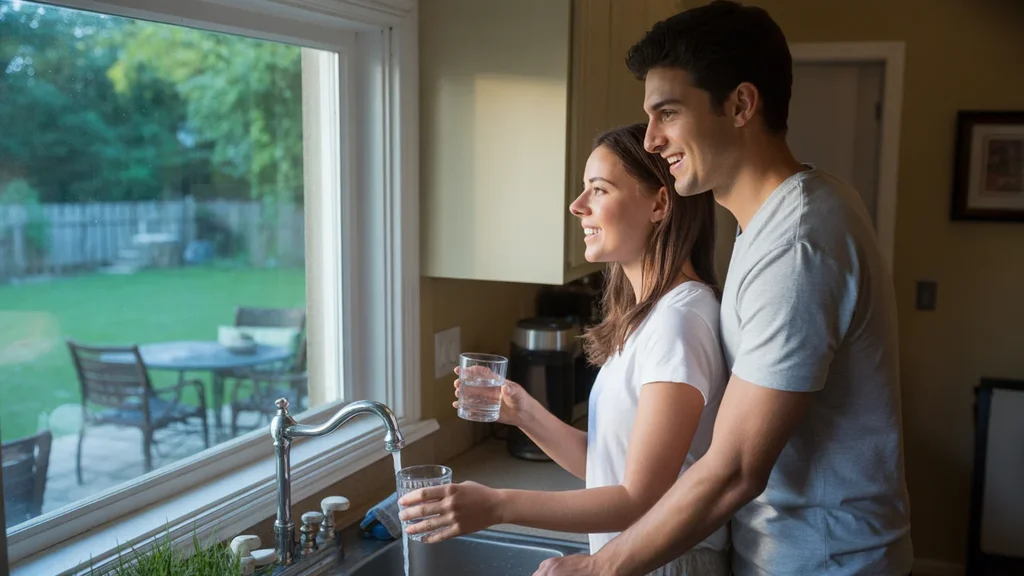 Couple in Louisville kitchen filling glass from faucet, looking out window at backyard