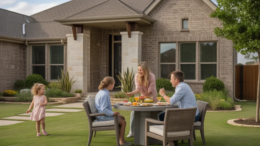 Family has a picnic lunch outside their suburban Edmond, Oklahoma home