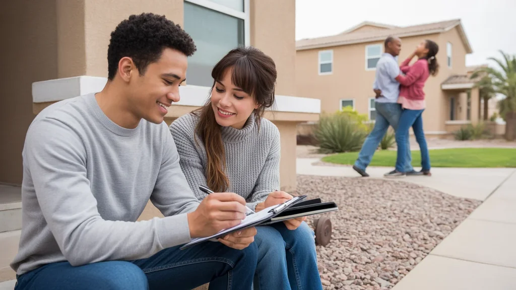 Couple reviews housing costs while sitting outside Sunrise Manor townhome