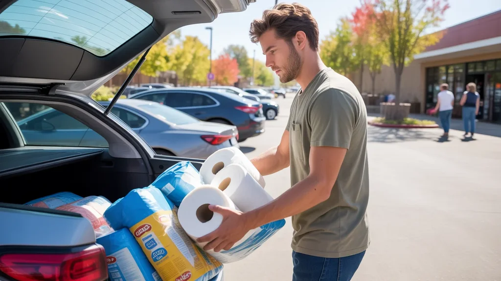 Man loading bulk supplies into car outside discount store in Edmond, Oklahoma