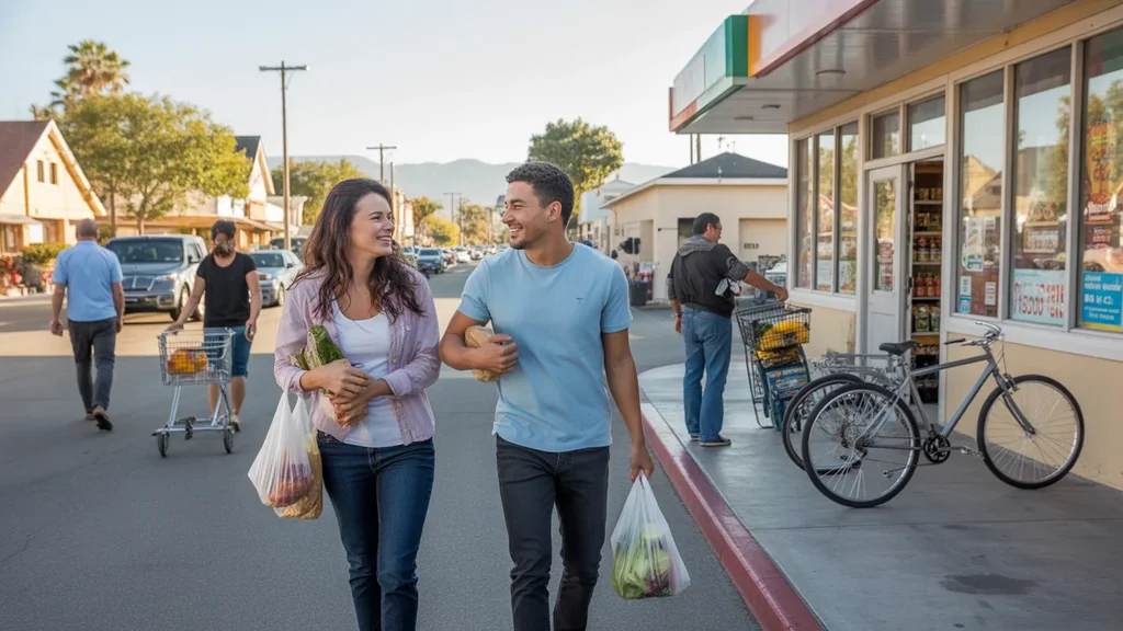 Two friends leaving a grocery store in Fontana, CA, discussing dinner plans on a warm evening.