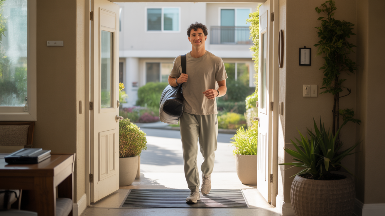 Man in athletic clothes carrying gym bag walks through modern apartment entryway in Garden Grove CA