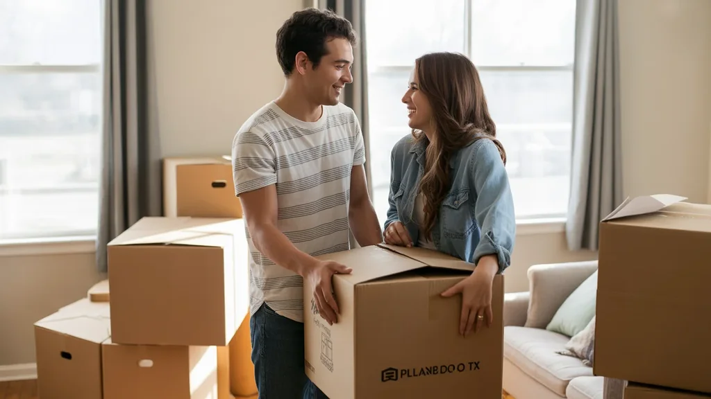 Couple unpacking in their new Plano apartment, looking happy and excited