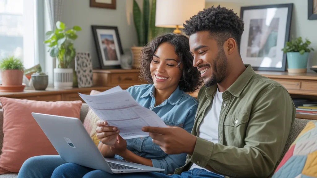 Young couple reviewing budget on laptop in cozy Tigard apartment living room