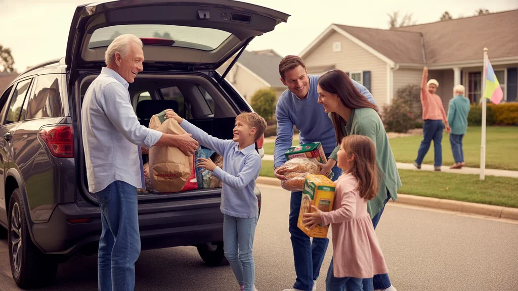 A multigenerational family unloads groceries from their SUV trunk together in the golden hour light of their Monroe, NC driveway.