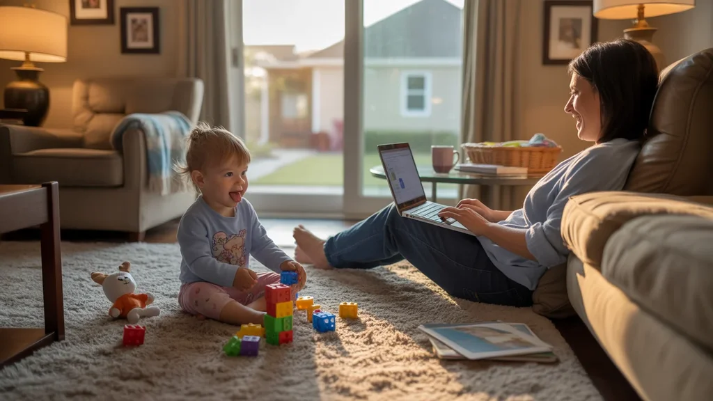 A child plays with blocks on the floor while a parent browses the internet on a laptop in the living room of a suburban home.