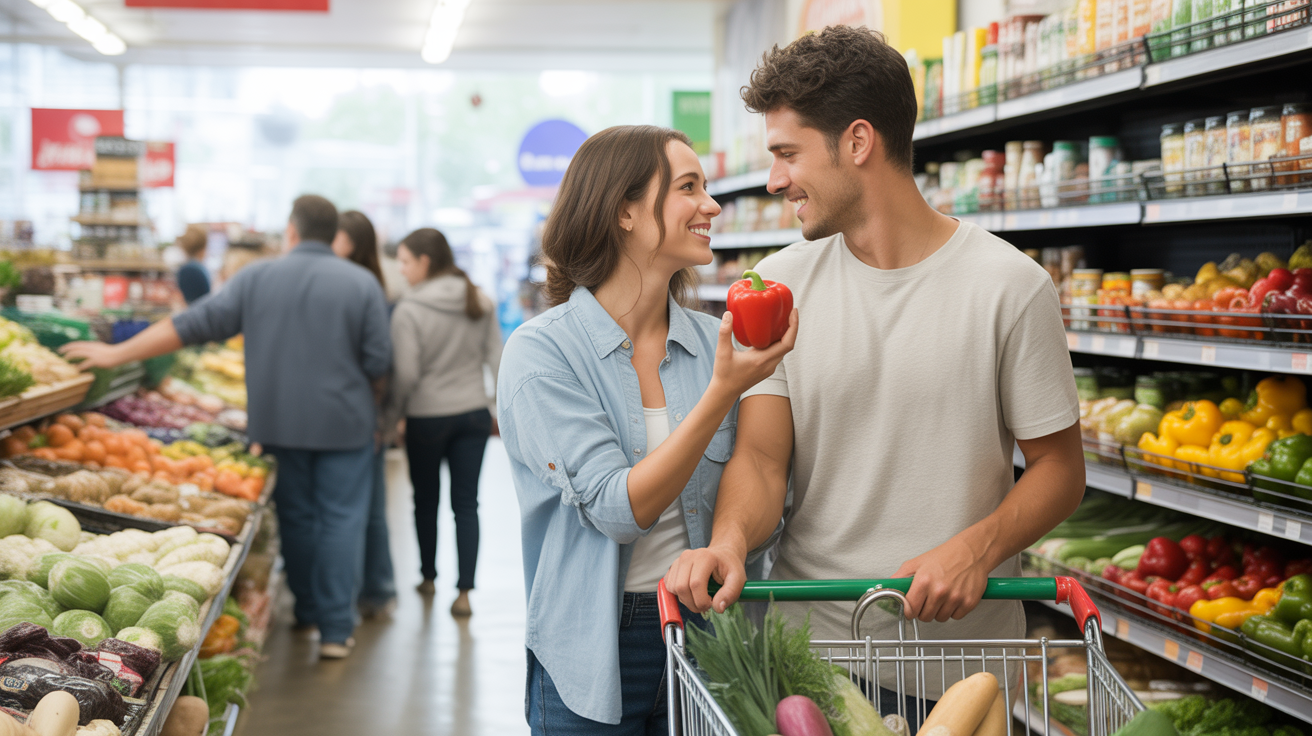 Couple shopping for produce and smiling in a Golden, Colorado grocery store
