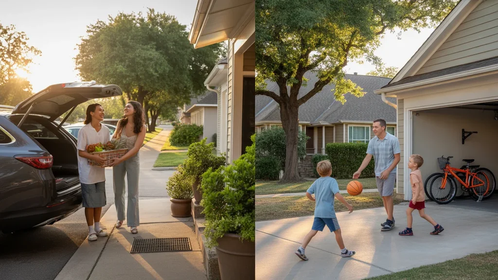 Neighbors arriving home to a condo and house on a quiet street in Irving, Texas at sunset
