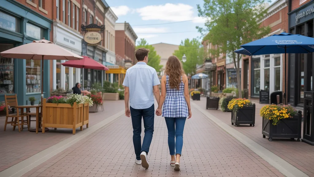 Couple strolling through downtown Arvada, Colorado on a sunny day