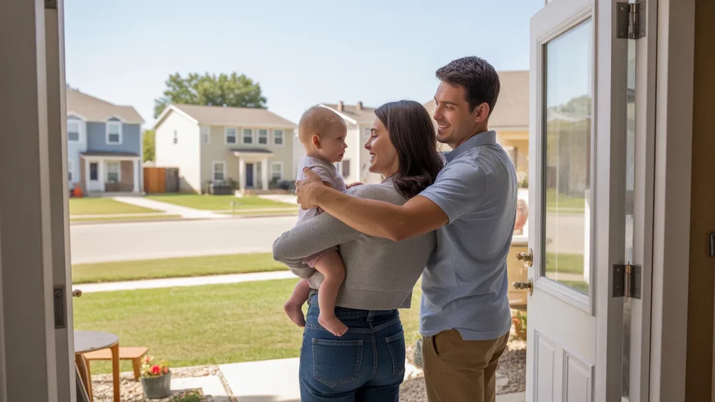 Couple with baby standing in doorway of new Midwest City townhome, looking at patio and nearby houses