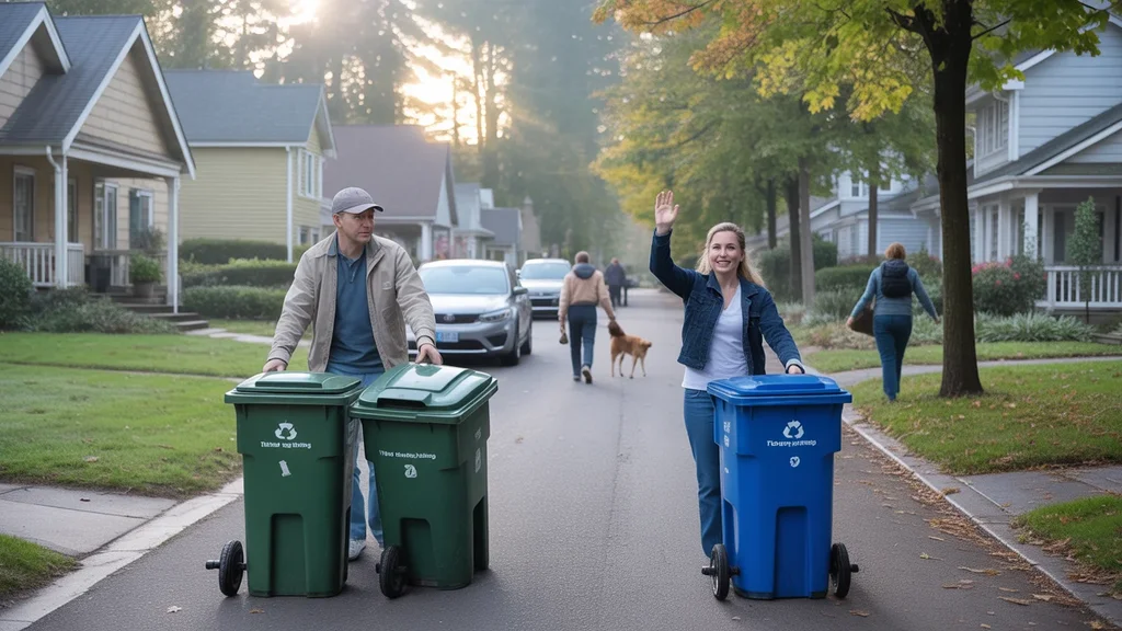 Neighbors rolling trash and recycling bins to the curb on a misty fall morning in a Tigard, Oregon residential neighborhood