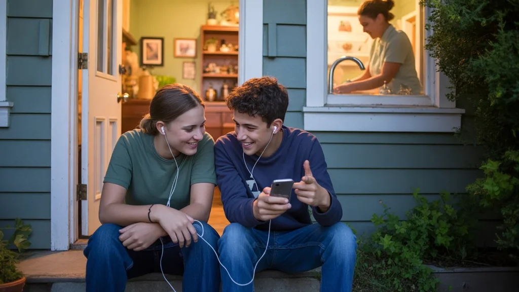 Two teenagers share earbuds while watching a video on a smartphone as they sit on a porch in Nicholasville, KY