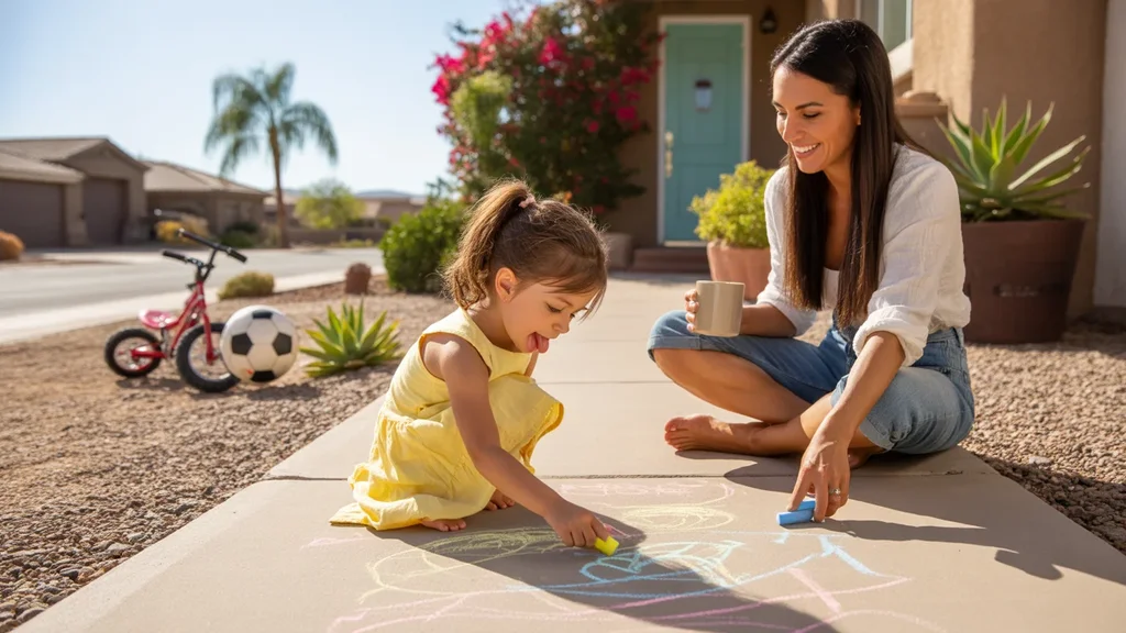 Mother and daughter drawing with colorful chalk on front steps of San Tan Valley home