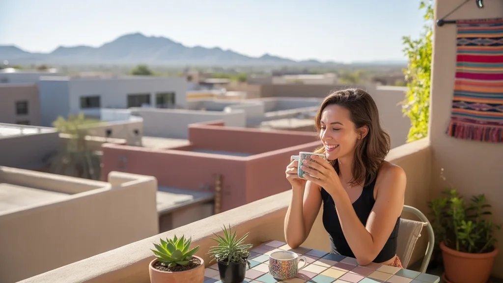 Woman drinking coffee on balcony with view of Tempe Arizona rooftops and mountains
