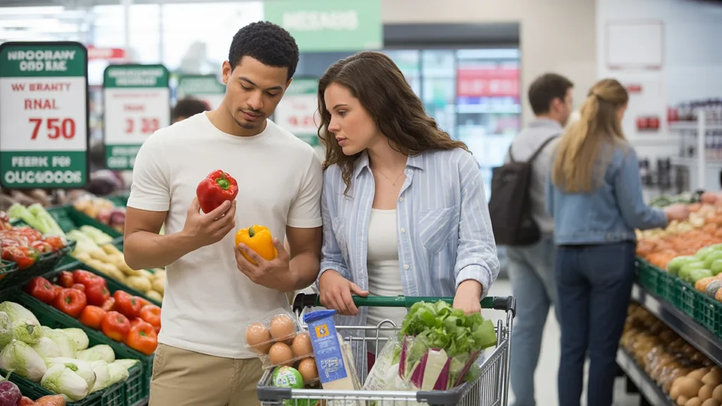 Couple grocery shopping together in Norman, Oklahoma store