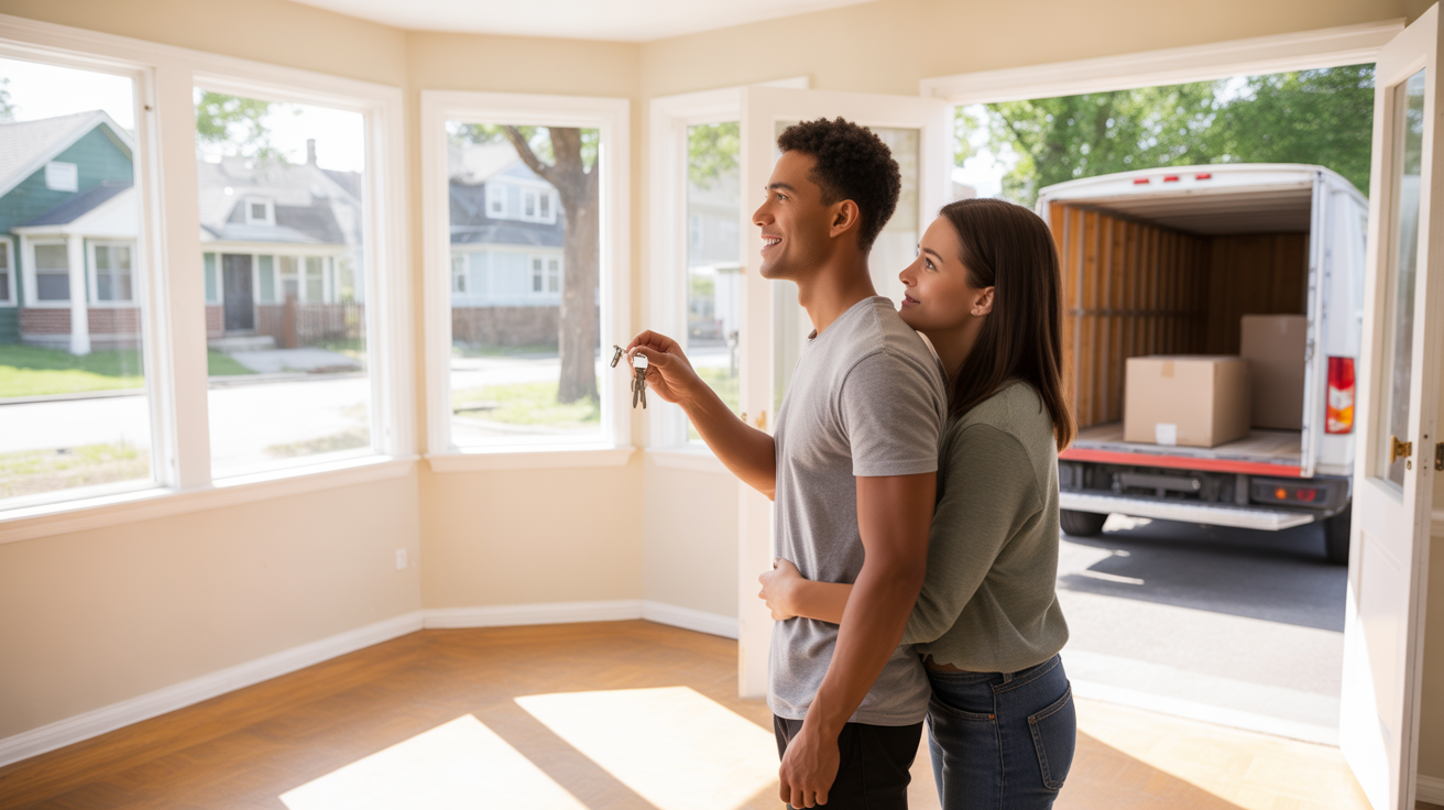 Young couple standing in empty living room of new house in Golden, Colorado