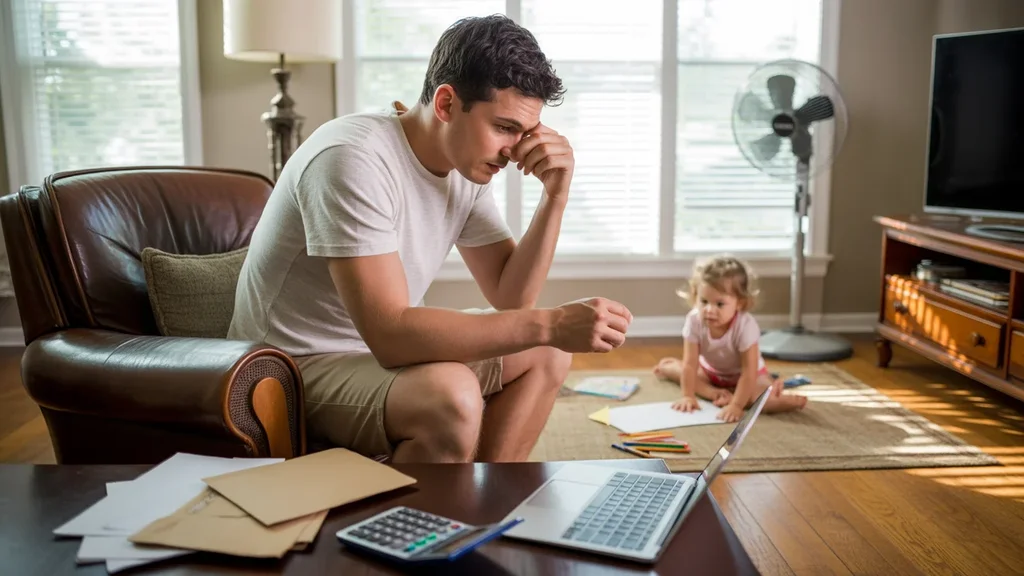Father works on laptop near window while daughter plays in living room of Texas home