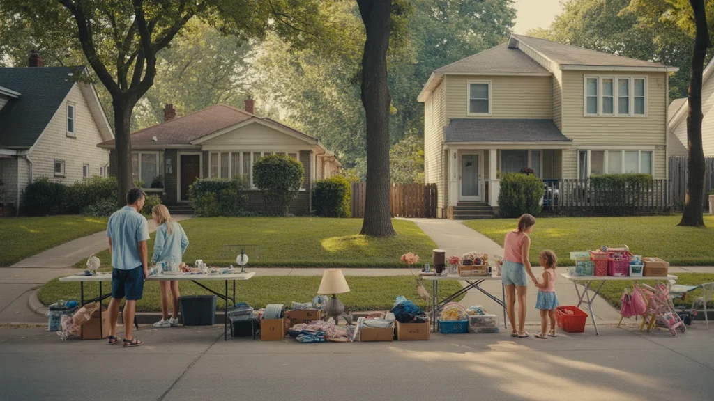 A garage sale in front of a house and a duplex on a residential street in Louisville