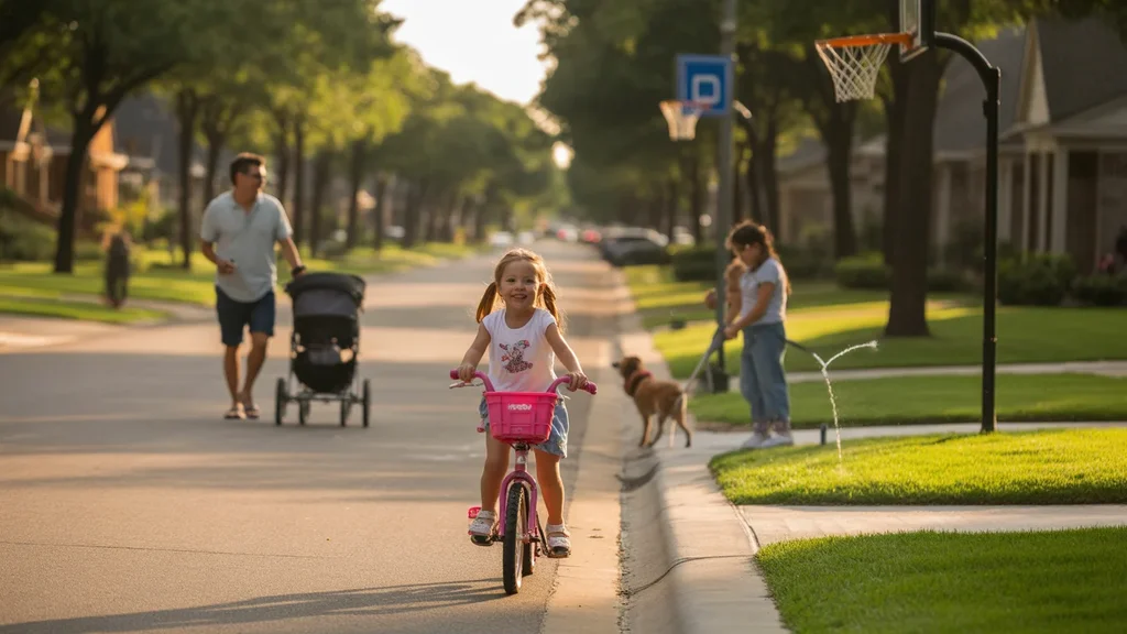 A young girl rides her bicycle down a suburban street in Frisco, Texas on a summer evening.