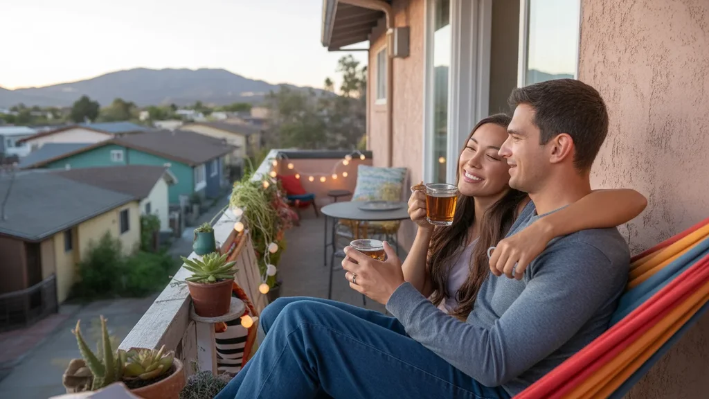 Couple relaxes on cozy balcony with hammock and string lights in Murrieta, CA apartment at sunset