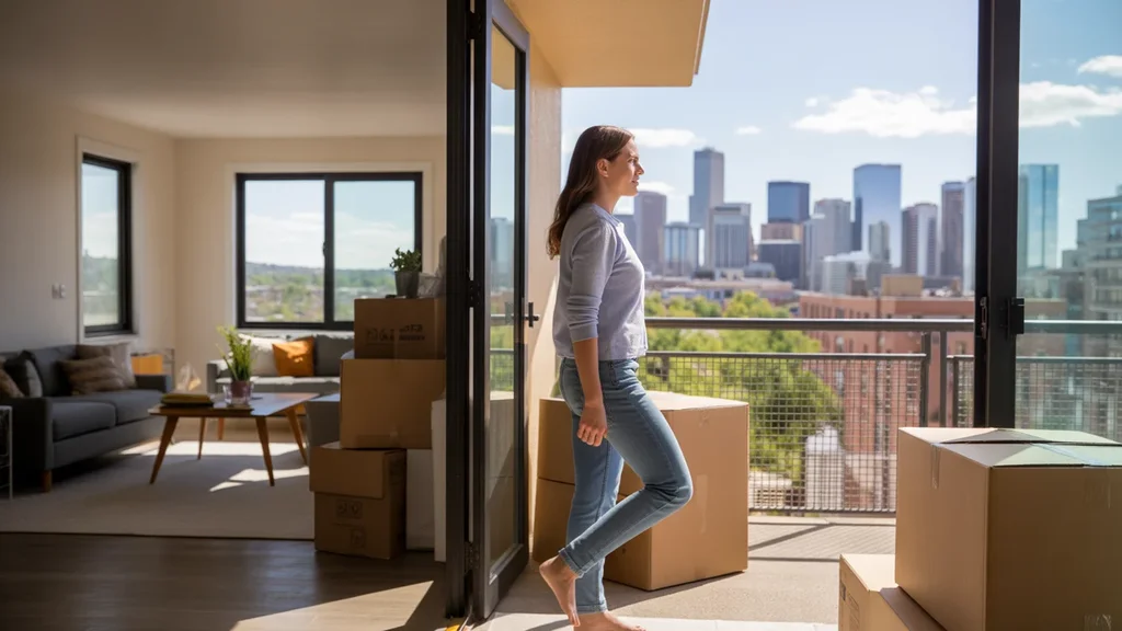 Woman looks at Denver city skyline from apartment balcony near moving boxes