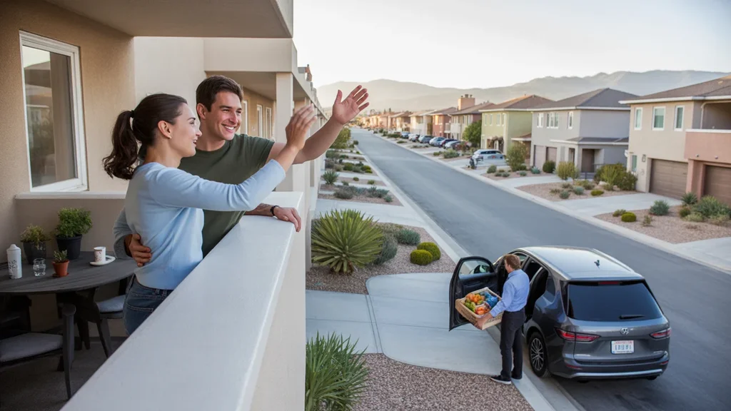 Neighbors wave to each other from apartment balcony and house driveway in West Valley City at sunset