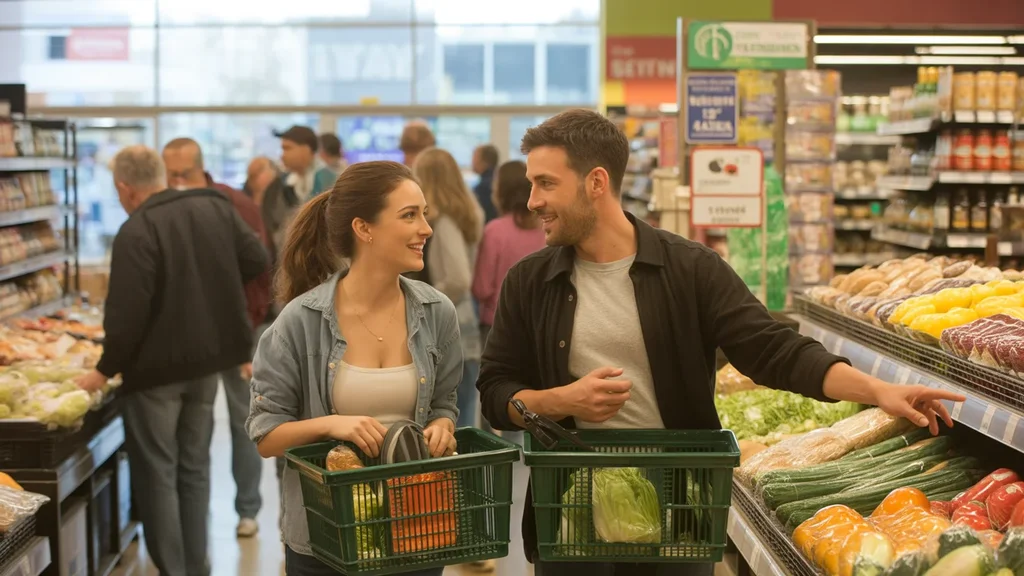 Two friends discuss dinner plans while shopping in the produce section of a grocery store in Tampa, Florida.