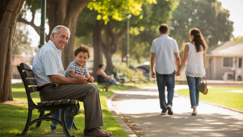 Elderly man sitting on park bench in Fullerton, CA watching his grandson play nearby