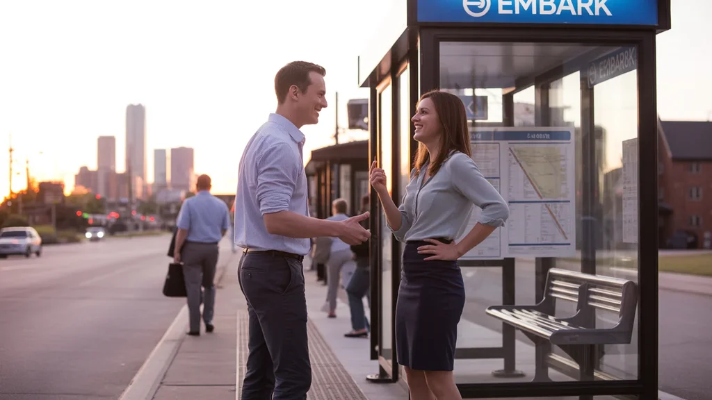 Two smiling coworkers chat at an Oklahoma City bus stop at sunset