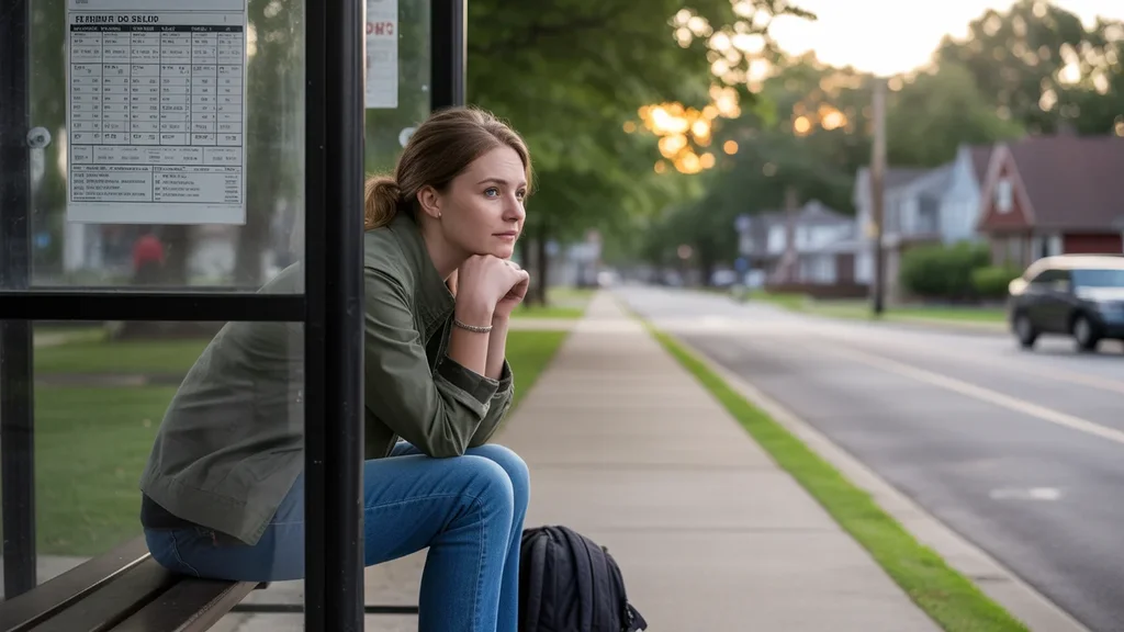 Young woman checking bus schedule at neighborhood transit shelter in Georgetown, KY