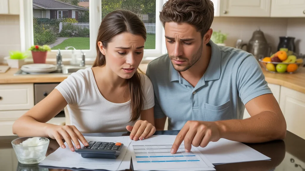 Couple looking concerned while reviewing budget papers at kitchen table