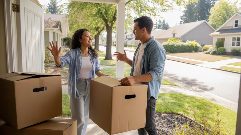 Couple unpacking after moving to a house in Hillsboro, Oregon