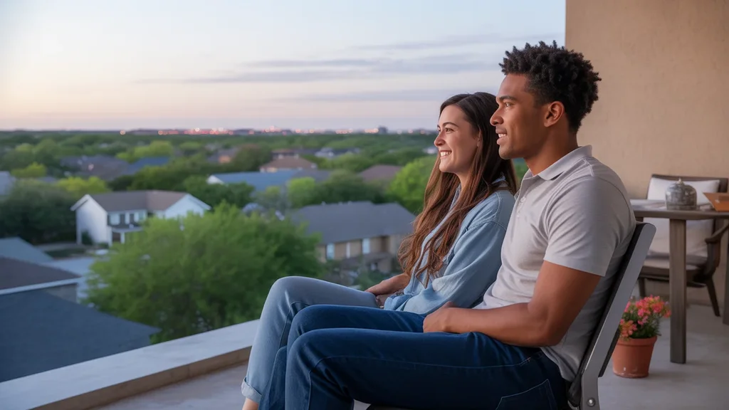 Couple enjoying sunset on patio of their affordable Garland, TX apartment
