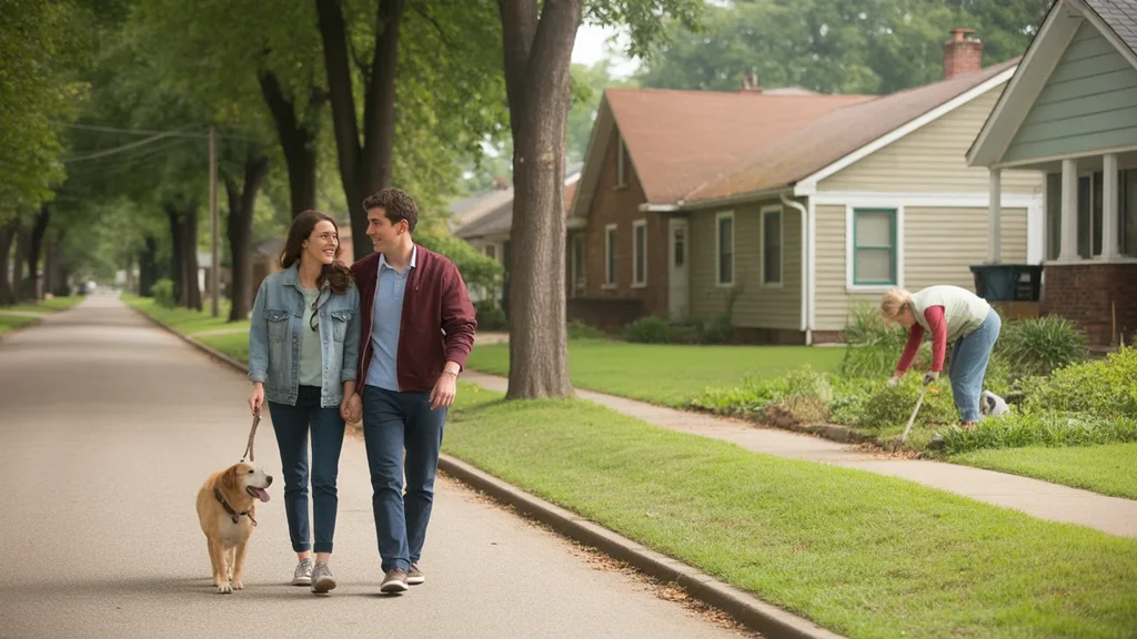A couple walks their dog past single-family homes on a residential street in Madison, Tennessee