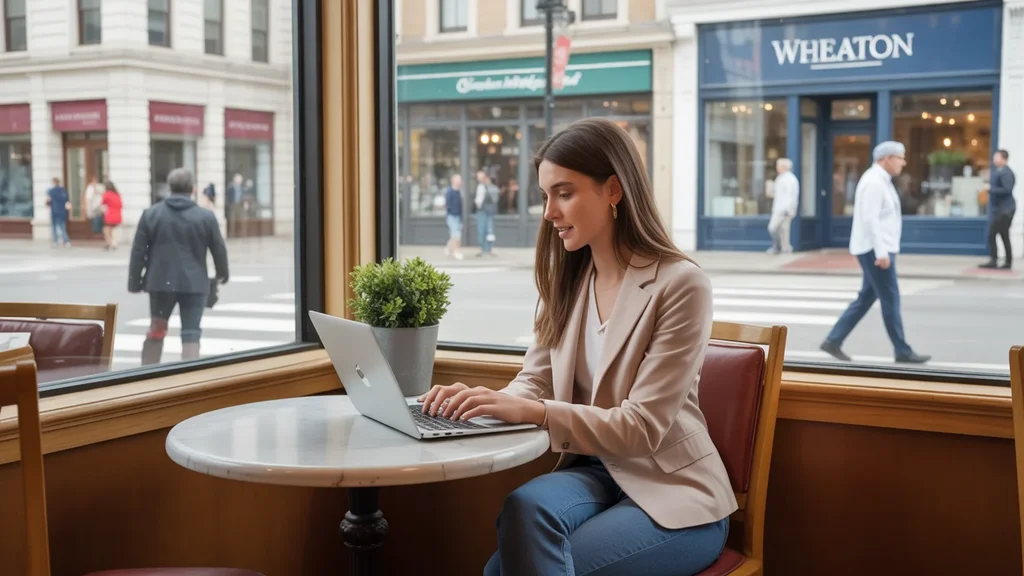 Young woman works on laptop in busy Wheaton cafe with upscale shops outside