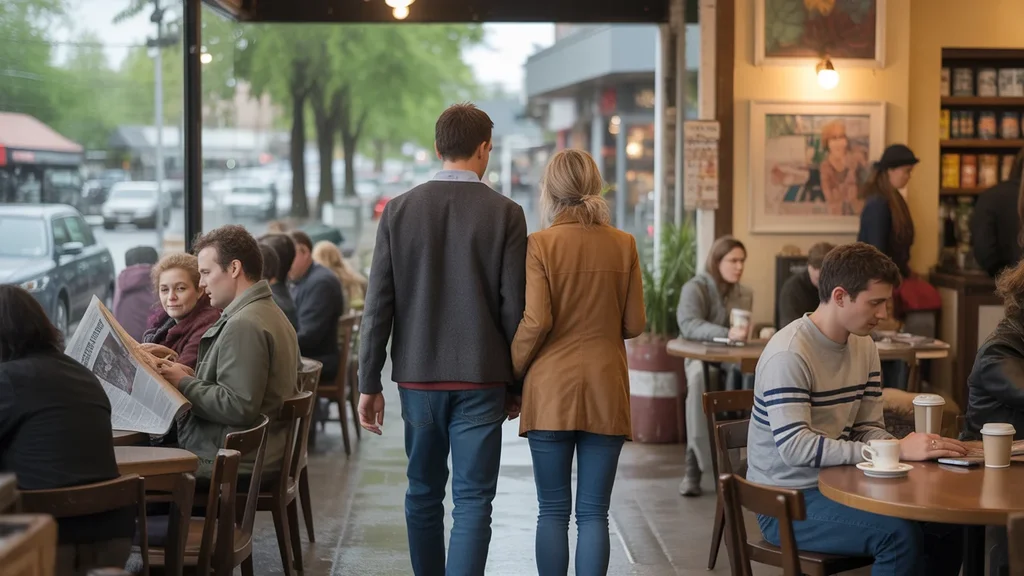 A couple enters a busy cafe in Beaverton, Oregon on a rainy day.