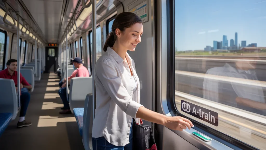 Woman boarding DCTA A-train commuter rail in Frisco, TX on weekday morning