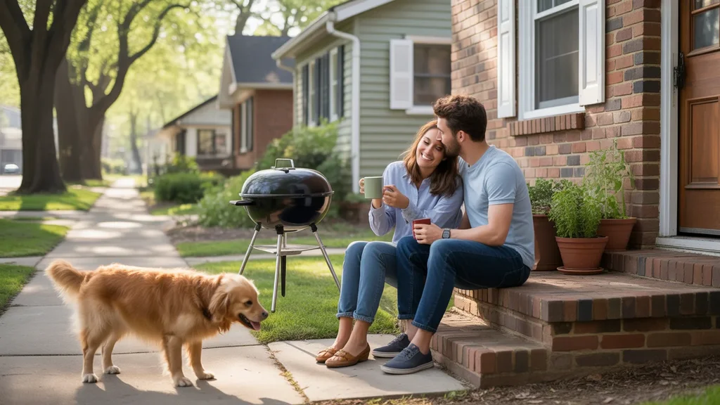 Couple sitting on front steps of small brick house in Chapel Hill with dog