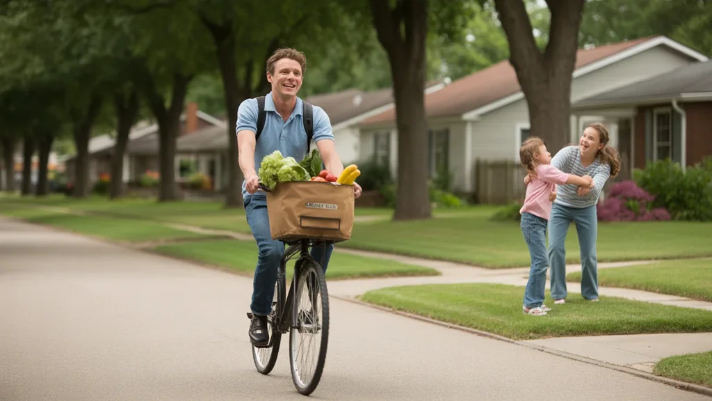 Man on bicycle with groceries in backpack riding through Nicholasville suburb