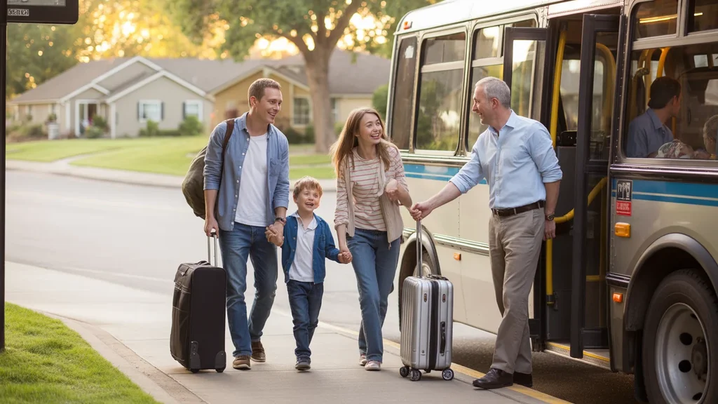 Family with suitcases boarding regional bus in suburban Centennial Colorado neighborhood